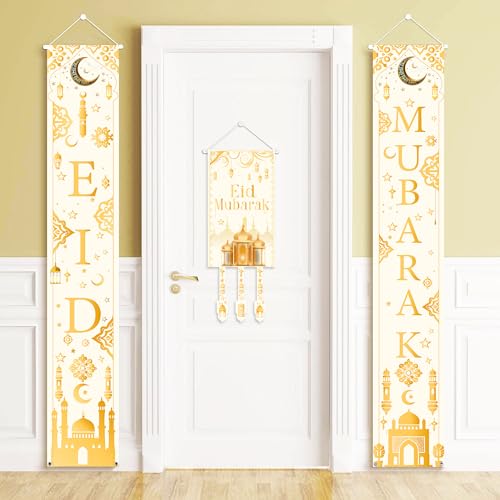 Eid Mubarak Decorations Door Banner - 3 Pack Eid Porch Signs with Door Cover, Ramadan Wall Hanging Backdrop for Muslim Home Outdoor (White Gold) - color: White Gold