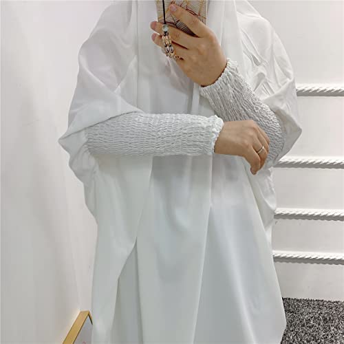 Women Muslim 2 Set Solid Color Plus Long Sleeve Thobe One-size Longuette Overall Abaya Thobe with Hoodied Hijab - color: White