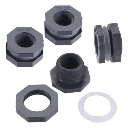 4 Pcs 3/4 Inch PVC Bulkhead Fitting, Plastic Water Tank Connector | Threaded Tank Adapter with Sealing Gaskets, Fitting for Rain Barrels, Aquariums, Bucket, Ponds, Gallon Drain Bucket