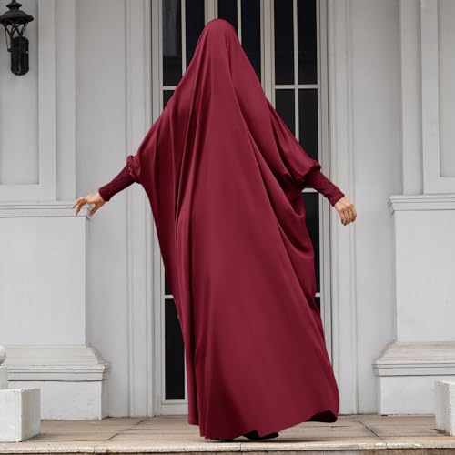IDOPIP Muslim Abaya for Women One Piece Long Sleeve Islamic Prayer Dress with Hooded Hijab Maxi Kaftan Robe Modest Clothes - color: Wine Red