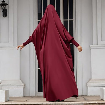 IDOPIP Muslim Abaya for Women One Piece Long Sleeve Islamic Prayer Dress with Hooded Hijab Maxi Kaftan Robe Modest Clothes - color: Wine Red