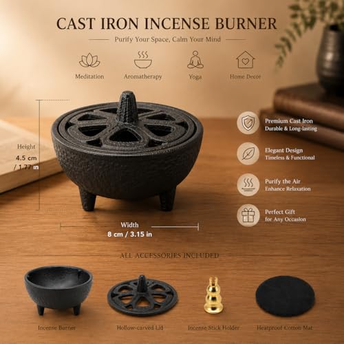 Cast Iron Incense Burner with Fireproof Cotton, Bakhoor Burner for Resin, Charcoal, Cones & Sticks, Meditation & Yoga Decor