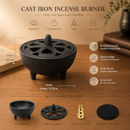 Cast Iron Incense Burner with Fireproof Cotton, Bakhoor Burner for Resin, Charcoal, Cones & Sticks, Meditation & Yoga Decor