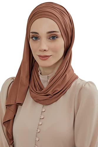 Aisha's Design Instant Hijab Scarves for Women, 95% Cotton Pretied Bonnet Turban Easy to Wear Cotton Headscarf - color: Caramel Brown