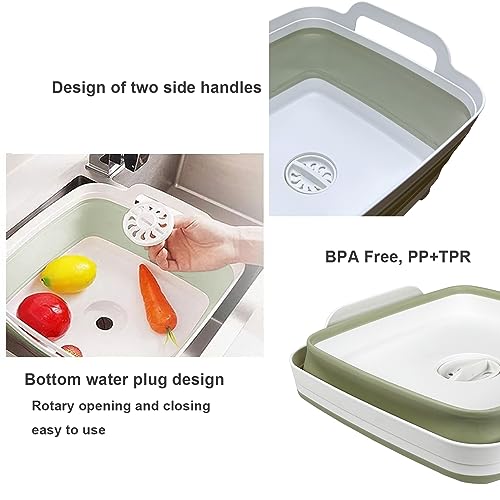 9L (2.4Gal) Dish Basin Collapsible with Drain Plug , Space Saveing Kitchen Storage Tray Dish Wash Basin, Portable Dish Tub, Foldable Dishpan for Camping ,RV,Green - color: Light Green