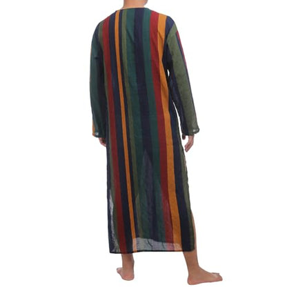 IWEMEK Muslim Thobe for Men Striped Kaftan Thobe with Pockets Saudi Arabic Robe Button up Dubai Abaya Caftan Ramadan Clothes - color: Yellow, size: Medium