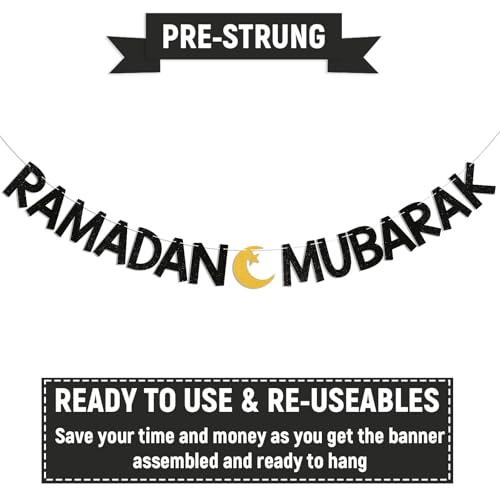 Ramadan Mubarak Banner - Eid Festival Muslim Islam Party Decoration, Ramadan Kareem Decor, Ramadan Banner with Moon and Star for Islamic Eid Decoration Black Glitter