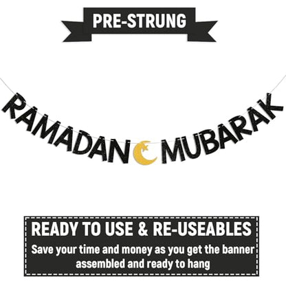 Ramadan Mubarak Banner - Eid Festival Muslim Islam Party Decoration, Ramadan Kareem Decor, Ramadan Banner with Moon and Star for Islamic Eid Decoration Black Glitter