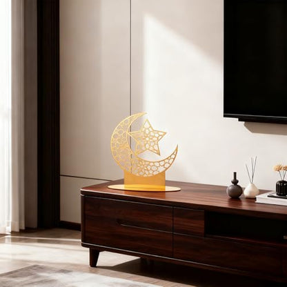 Arabic Islamic Decor in Gold, Star and Moon Table Centerpiece for Ramadan and Eid, Acrylic Mirror Surface Ornament with Hollow-Carved Design, 9.1 x 7.9 in Signage for Home and Office
