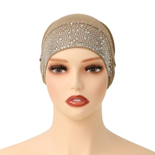Muslim Hijab Undercap Rhinestone Embellished Turban Head Wrap for Women Jersey Inner Cap with Ear Holes - color: Coffee