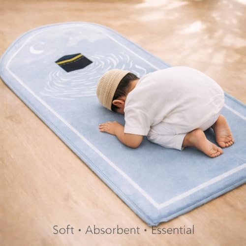 Islamic Prayer Mat for Kids, Light Blue, Lightly Padded Prayer Rug