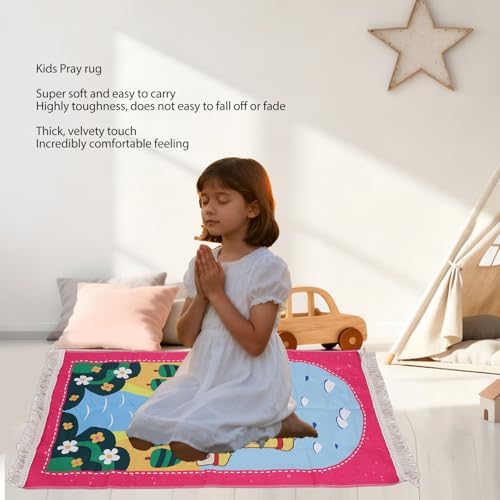 Pssopp Pray Rug for Kids, Thick and Soft Convenient to Carry Not Easy Fade Children Meditation Mat with Tassel Pray Beads Pendant Cylinder for Worship (Pink) - color: Pink