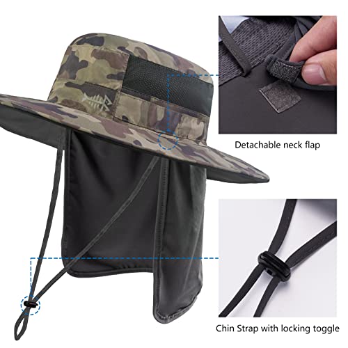 BASSDASH UPF 50+ Sun Fishing Hat Water Resistant with Detachable Neck Flap - color: Earth Camo - Big Head Size