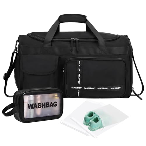 MAXTOP Gym Bag for Women Men Travel Duffle Bag Large Capacity Carry On Weekender Overnight Bag With Shoe Compartment Gym Tote Dry Wet Separation Duffel Bag for Travel - color: Black Set, style: Gym Bag&toiletry Bag