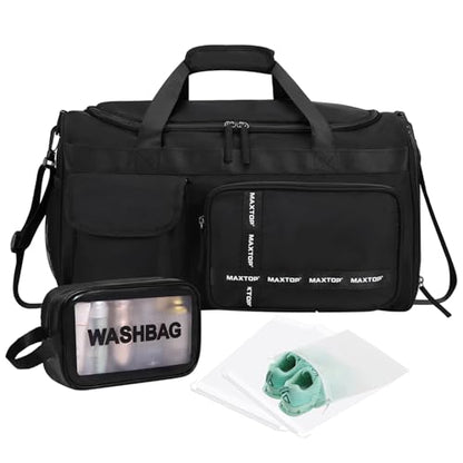 MAXTOP Gym Bag for Women Men Travel Duffle Bag Large Capacity Carry On Weekender Overnight Bag With Shoe Compartment Gym Tote Dry Wet Separation Duffel Bag for Travel - color: Black Set, style: Gym Bag&toiletry Bag