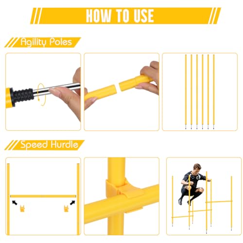 Agility Training Set Multi-Function Soccer Training Equipment for Athletes | 3 Adjustable Speed Hurdles, 6 Agility Poles, 1 Agility Ladder, 12 Soccer Cones & Jump Rope for Athletes, Amateurs, Youth