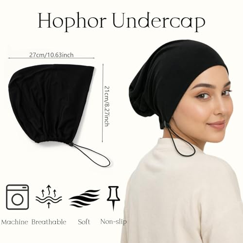 Women's Adjustable Elastic Drawstring Hijab Undercap, Soft Stretchy Jersey Underscarf Hijab Liner Hat - color: Black