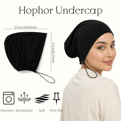 Women's Adjustable Elastic Drawstring Hijab Undercap, Soft Stretchy Jersey Underscarf Hijab Liner Hat - color: Black