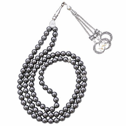 Amazing Gemstone Hematite Tasbeeh with Moon and Star Charm - Certified Crystal Muslim Prayer Beads Natural Gemstone Tasbih Gift for Ramadan Dhikr and Daily Namaz (S) - color: Hematite