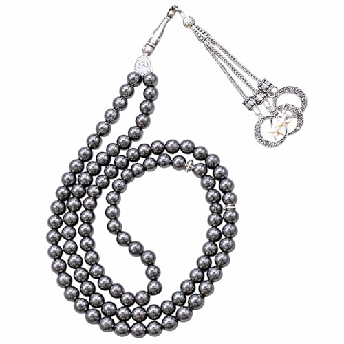 Amazing Gemstone Hematite Tasbeeh with Moon and Star Charm - Certified Crystal Muslim Prayer Beads Natural Gemstone Tasbih Gift for Ramadan Dhikr and Daily Namaz (S) - color: Hematite