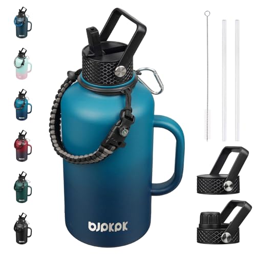 BJPKPK 64oz Insulated Water Bottle with Straw Lid Large Stainless Steel Jug - color: Vast, style: 64oz-Side Handle