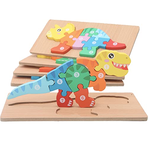 MONTESSORI MAMA Puzzles for Kids Ages 3-5 Dinosaur Puzzle 5-Pack, Montessori Toys for 3 Year Olds, Toys Age 3-4 Gifts for 3 Year Old Boys Girls, Wooden Puzzles for Children
