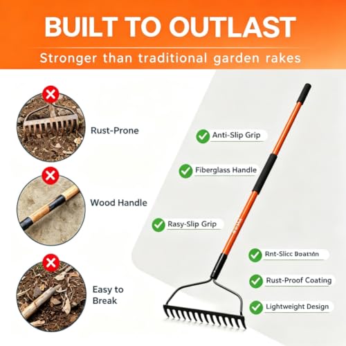 KOLEIYA 57" Heavy Duty Garden Rake – 14-Tine Bow Rake with Fiberglass Handle, for Soil Leveling, Mulch Spreading, Lawn Care & Debris Cleanup