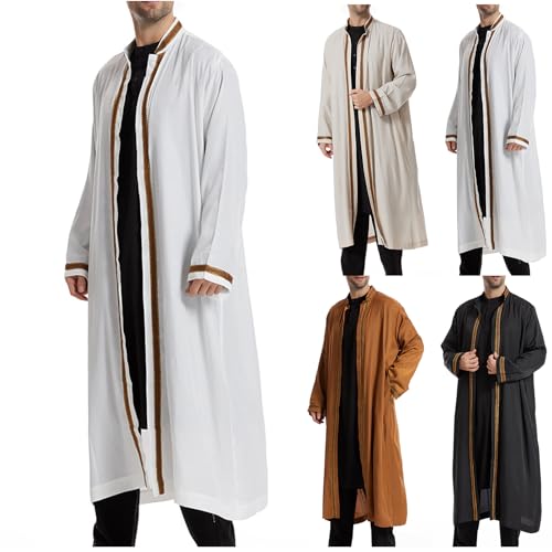 Thobe for Men Abaya Islamic Clothing Loose Long Sleeve Muslim Kaftan Open Front Dubai Arabic Robe Prayer Costume - color: White, size: Small
