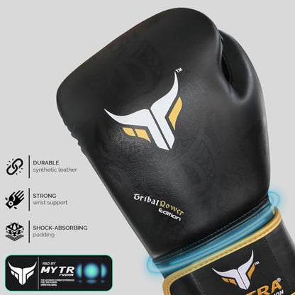Mytra Fusion Boxing Gloves – Kickboxing Gloves for Men & Women Boxing Training Gloves MMA Muay Thai Gloves Punching Gloves - color: Black/Gold, size: 18-oz