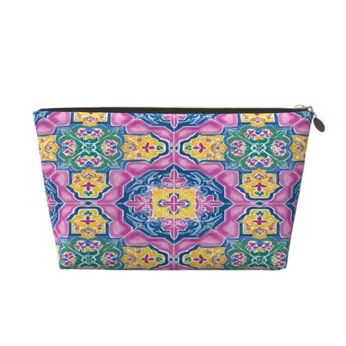 Leather Makeup Bag for Purse, Waterproof Small Toiletry Bag with Zipper, Cute Cosmetic Bags for Women, Pink Blue Islamic Pattern Travel Pouch - color: Pink Blue Islamic Pattern