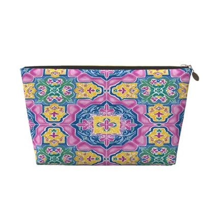 Leather Makeup Bag for Purse, Waterproof Small Toiletry Bag with Zipper, Cute Cosmetic Bags for Women, Pink Blue Islamic Pattern Travel Pouch - color: Pink Blue Islamic Pattern