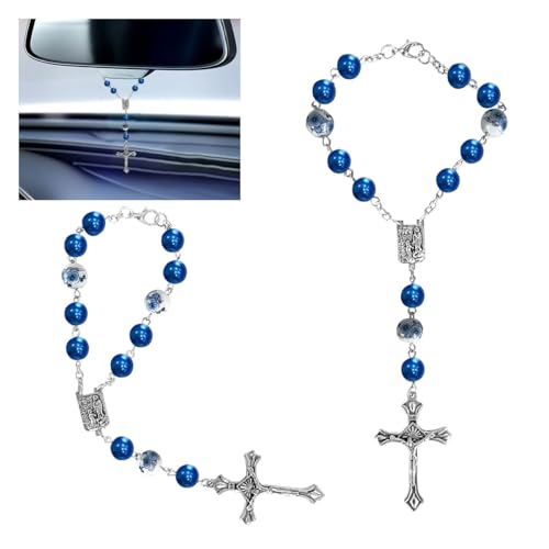 2PCS Car Rosary for Rearview Mirror, Blue Ceramic Beads Pendant Car Interior Rear View Mirror Charm Auto Decor, Medal and Cross Hanging Accessories for Women Men - color: Ceramic
