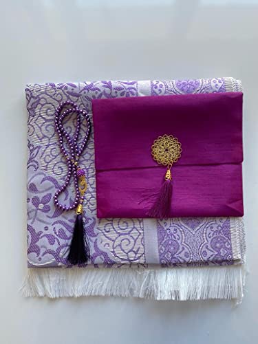 Muslim Prayer Rug and Beads with Elegant Slub Fabric Bag | Janamaz | Sajadah | Soft Islamic Prayer Rug | Islamic & Mawlid Gifts | Prayer Carpet Mat, Taffeta Fabric (Purple, 8 Sets) - color: Purple, size: 8 Sets