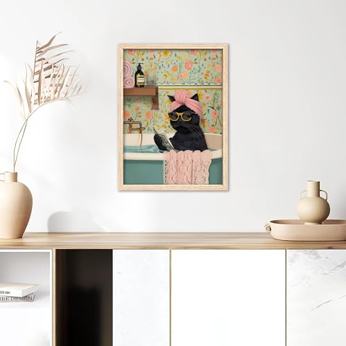 ICHZUMW Framed Funny Black Cat in Bathtub Canvas Bathroom Wall Art 12x16 In - color: Spa Kitty, size: 16"L x 12"W