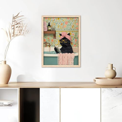 ICHZUMW Framed Funny Black Cat in Bathtub Canvas Bathroom Wall Art 12x16 In - color: Spa Kitty, size: 16"L x 12"W