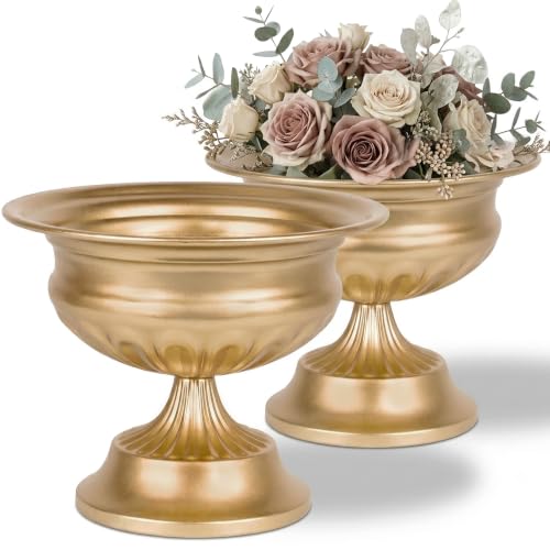 WORTH Small Urn Vases for Centerpieces Set of 2, Classic Metal Trumpet Flower Pots for Table, Bowl Vase for Wedding Party Event Home Deco (Golden, 7.8" Dia x 6.1" H), Smooth, Non-Aged Finish - color: Gold, size: 2x Small