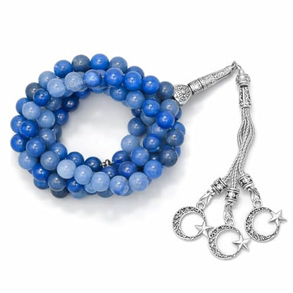 Amazing Gemstone Blue Aventurine Tasbeeh with Moon and Star Charm - Certified Crystal Muslim Prayer Beads Natural Gemstone Tasbih Gift for Ramadan Dhikr and Daily Namaz (S) - color: Blue Aventurine