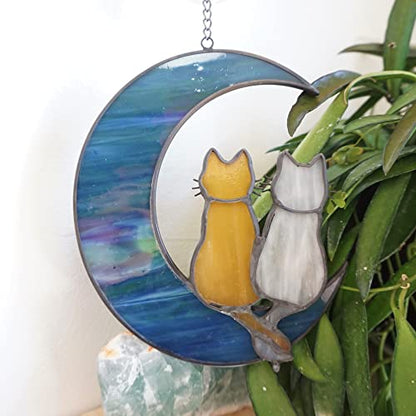 Cat Stained Glass Suncatcher, Cat on Moon Window Hanging Decor - color: Cats and Moon