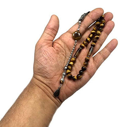 Design -Tiger Eye Stone Series Worry Beads - Prayer Beads - Tesbih-Tasbih-Tasbeeh-Misbaha-Masbaha-Subha-Sebha-Sibha-Rosary (Tiger Eye Natural Stone -8 mm 33 Beads & Drop Tassel) - color: Tiger Eye Natural Stone -8 Mm 33 Beads & Drop Tassel