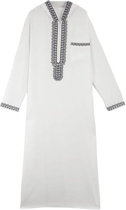 Men's Hooded Thobe - Traditional Embroidered Muslim Islamic Kaftan, Half-Zip Middle Eastern Arabic Robe - color: White, size: Small