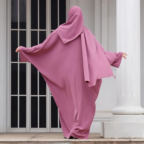 IDOPIP Abayas for Women Muslim Dress with Hijab, One-Piece Long Sleeve Islamic Prayer Dress with Khimar Jilbab Kaftan Clothes - color: Purple + Hijab