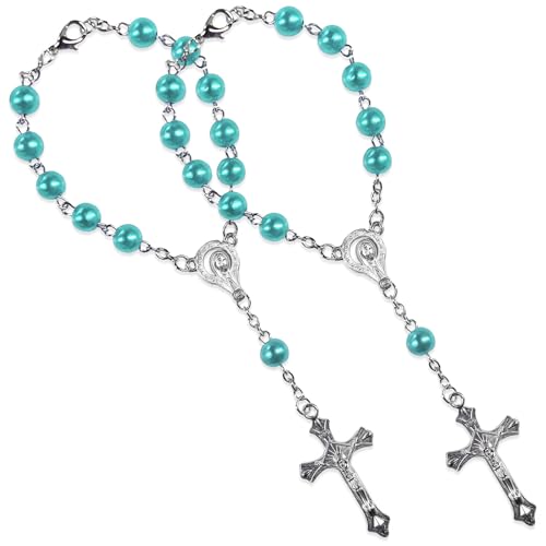 2 PCS Rosary for Rearview Mirror, Religious Cross Bead & Medal Car Rear View Mirror Hanging Ornament, Personalized Rosary Pendant Christian Auto Decoration for Women Men (Blue) - color: Blue