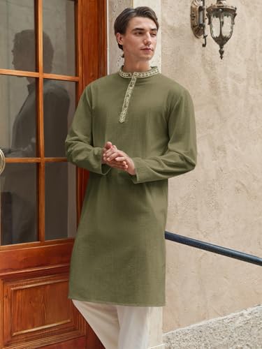 Runcati Mens Cotton Kaftan Robe Long Sleeve Button Down Henley Shirts Thobe Casual Side Split Gown Shirt - color: Army Green, size: X-Large
