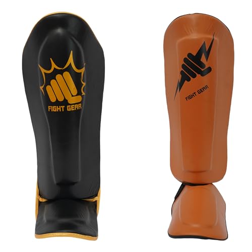 Muay Thai Shin Guards - Leather Leg Instep Protection Pads - Martial Art Kicking Sparring Training Gear for BJJ Karate, Boxing, Taekwondo, Kickboxing/MMA Training (Pair) - color: Brown, size: Large