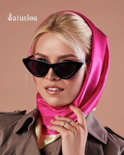Saiusloa Solid Color Neck Scarf For Women Square Satin Head Scarves headband Bandanas 23.6× 23.6 inches - color: 16-rose Red