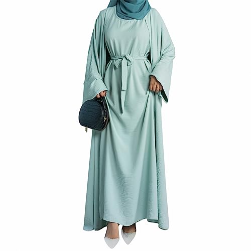 2PCS Women's Muslim Dresses Abaya Islamic Dubai Prayer Dress Robe Long Cardigan Maxi Dress - color: Light Green, size: Large