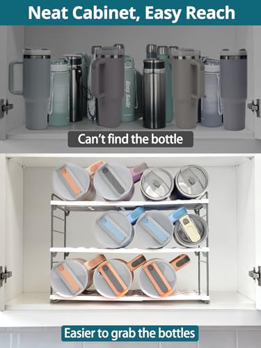 Upgraded Large Expandable Water Bottle Organizer Designed for 40 oz Stanley, Owala & Yeti Tumblers, Adjustable Storage Rack for Travel Mug Cabinet, Pantry, and Kitchen Organizer, Fits 20/30 oz Bottles - size: 3 Tier-Large