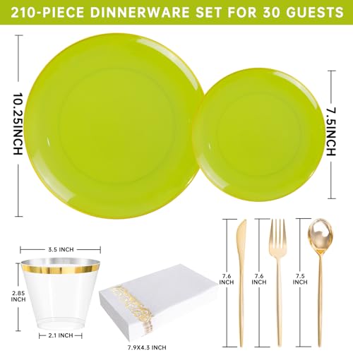 MirthMood 210pcs Green Plastic Plates,Disposable Green Gold Party Plates,Include 30 Dinner,Dessert Plate,30 Cup&30 Napkins, 90 Gold Silverware for St Patrick's Day & Wedding & Birthday（grape green） - color: Grape Green, size: 210