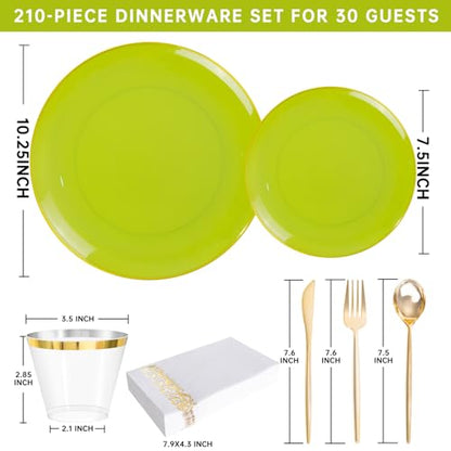 MirthMood 210pcs Green Plastic Plates,Disposable Green Gold Party Plates,Include 30 Dinner,Dessert Plate,30 Cup&30 Napkins, 90 Gold Silverware for St Patrick's Day & Wedding & Birthday（grape green） - color: Grape Green, size: 210