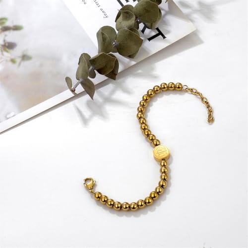 Aroncent Allah Stainless Steel Bracelet: Black Beaded Chain Islamic Jewelry - Ramadan Eid Gift for Men and Women - color: gold